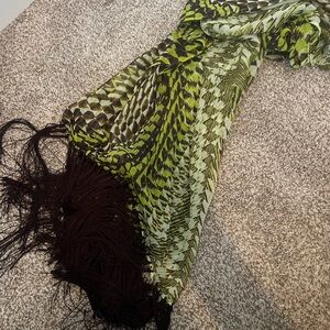 NWOT green and brown fringe silk scarf